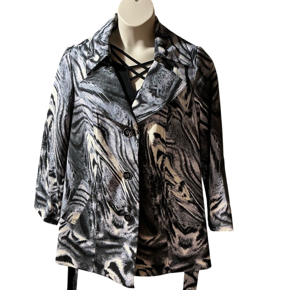 Susan Graver Zebra Print Short Trench Jacket Coat, Button Front 1X Belted NWOT‎ - Picture 3 of 11
